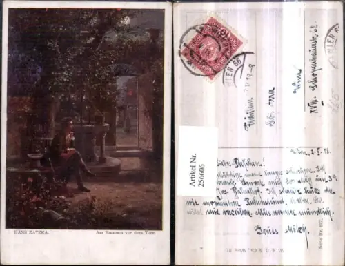 256606,Künstler H. Zatzka Am Brunnen vor d. Tore Mann m. Hut Tür Baum Mondschein