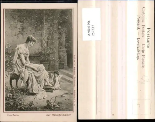 257337,Künstler AK H. Zatzka Der Pantoffelmacher Frau m. Kleid Hut Amor Engel Fuß messen pub A. Ackermann 1209