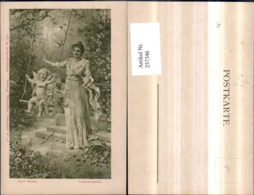 257346,Künstler AK H. Zatzka Liebesschaukel Frau m. Kleid Engel Amor Schaukel pub A. Ackermann 740