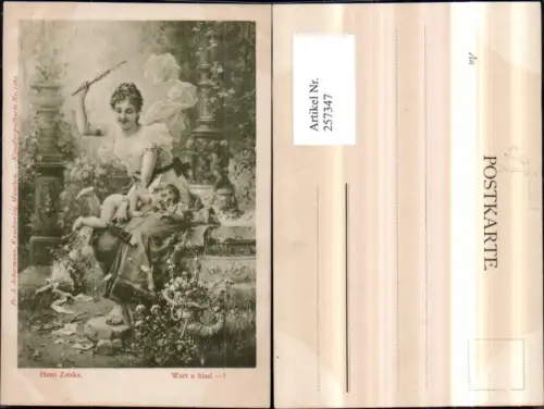 257347,Künstler AK H. Zatzka Wart a bissl Frau klopft m. Stock auf Po von Amor Engel pub A. Ackermann 1161