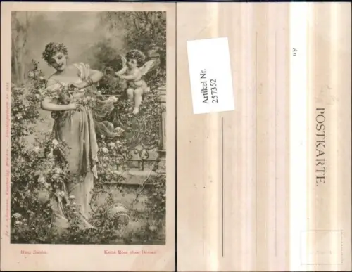 257352,Künstler AK H. Zatzka Keine Rose ohne Dornen Rosenstrauch Frau m. Kleid Engel Amor pub A. Ackerman 1105