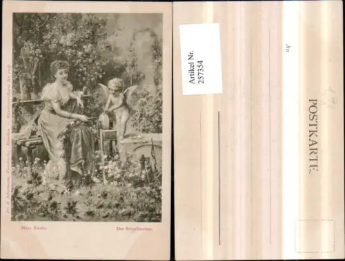 257354,Künstler AK H. Zatzka Der Scharfmacher Schleifstein Engel Amor Frau m. Kleid Holzbank pub A. Ackermann 1103