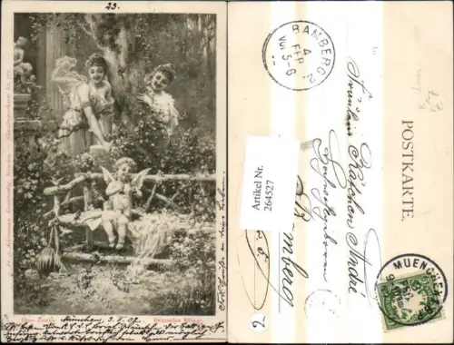 264527,Künstler Ak Hans Zatzka Belauschte Klänge Amor Frauen Tröte pub F. A. Ackermann 767
