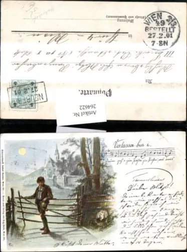 264622,Künstler Litho E. Döcker jun. Bub Junge Zaun Mond Kirche Kastenstempel Neuberg