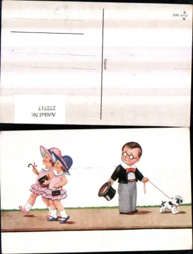 272717,Künstler AK Willi Scheuermann John Willis Kinder als Erwachsene Zylinder Hut Mädchen m. Kleider Taschen