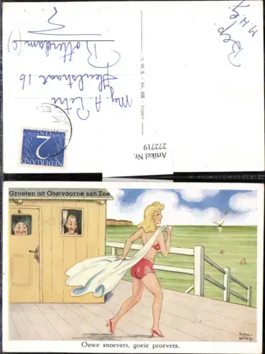 272719,Künstler AK Willi Scheuermann John Willis Frau im Bikini Bademode Männer schauen aus d. Umkleide