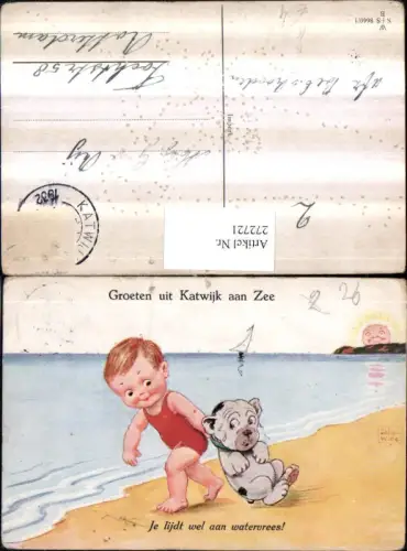 272721,Künstler AK Willi Scheuermann John Willis Junge im Badeanzug schleift Hund zum Meer Sonnengesicht