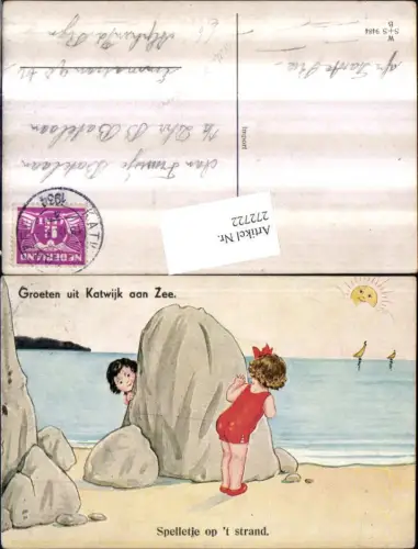 272722,Künstler AK Willi Scheuermann John Willis Katwijk aan Zee Mädchen im Badeanzug Felsen Strand Sonnengesicht