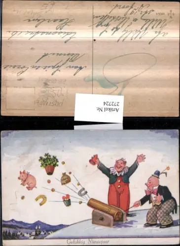 272724,Künstler AK Willi Scheuermann John Willis Neujahr Männer Clowns zünden Kanone Ferkel Hufeisen Klee Münzen