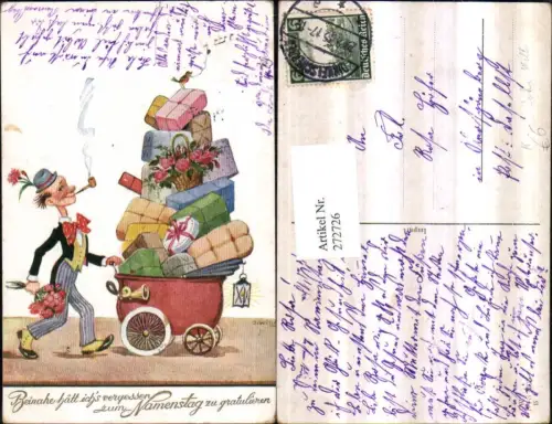 272726,Künstler AK Willi Scheuermann John Willis Namenstag Man m. Pfeife Hut Blumenstrauß Wagen Geschenke Laterne