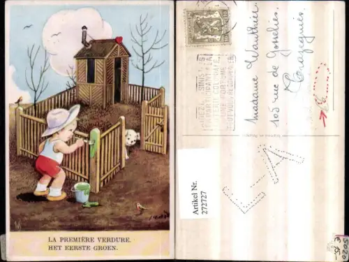 272727,Künstler AK Willi Scheuermann John Willis Junge m. Hut beim Zaun streichen Farbe Pinsel Hundehütte Hund
