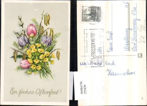 273439,Künstler AK Lia Döring Ostern Blumenstrauß Blumen Himmelschlüssel Tulpen Palmkätzchen Birkenkätzchen