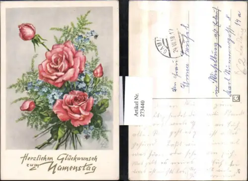 273440,Künstler AK Lia Döring Namenstag Blumenstrauß Blumen Rosen Vergissmeinnicht