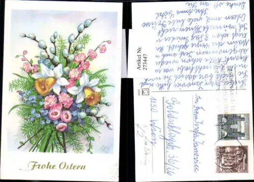 273447,Künstler AK Lia Döring Ostern Blumenstrauß Blumen Narzissen Vergissmeinnicht Palmkätzchen