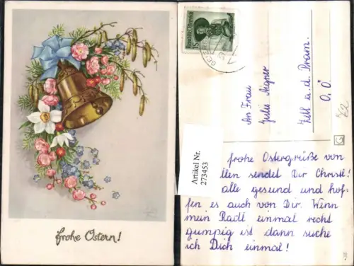 273453,Künstler AK Lia Döring Ostern Glocken Blumen Narzisse Vergissmeinnicht Schleife Birkenkätzchen