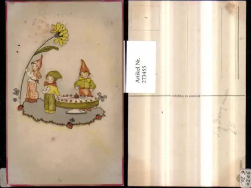 273455,Künstler AK Lia Döring unsign. Wichtel Zwerge Torte Brief Blumen Marienkäfer Kleeblätter