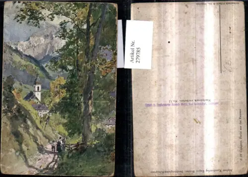 279785,Künstler AK E. H. Compton Partie aus d. Ramsau Kirche Bergkulisse