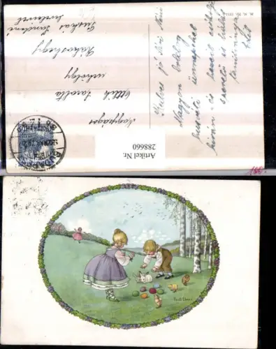 288660,Künstler AK Pauli Ebner Kinder Mädchen Kleid Ostereier Hasen Passepartout pub M. Munk 1251