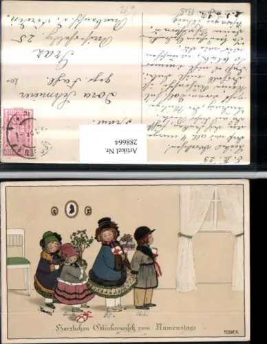 288664,Künstler AK Pauli Ebner Namenstag Kinder Hüte Blumen Geschenke pub August Rökl 1305