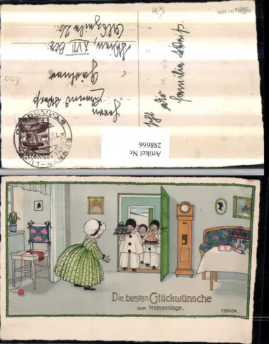 288666,Künstler AK Pauli Ebner Namenstag Kinder Harlekin Kleid Blumen Pendeluhr pub Erika 1076
