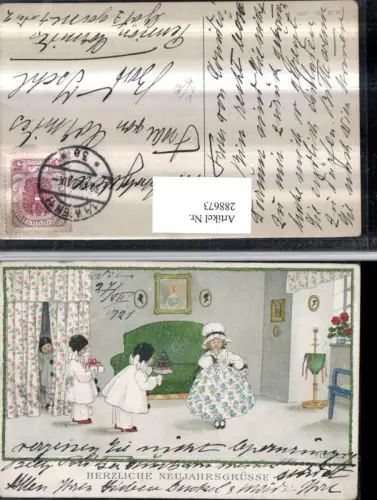 288673,Künstler AK Pauli Ebner Neujahr Mädchen Kleid Kinder Harlekin Geschenk pub M. Munk 1235