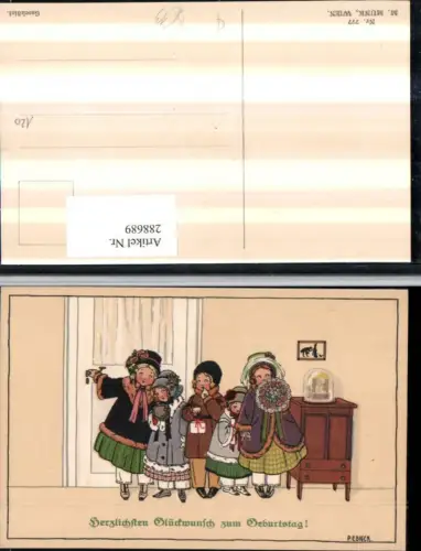 288689,Künstler AK Pauli Ebner Geburtstag Kinder m. Hauben Geschenke Blumenstrauß pub Munk Wien 777