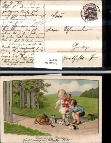 288725,Künstler AK Pauli Ebner Fütterung d. Raubtiere Kinder Puppe Katzenbabys Hundewelpen