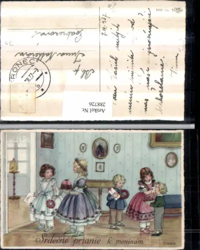 288726,Künstler AK Pauli Ebner Glückwunsch Kinder Kleider Geschenk Blumen Kuchen Vogelkäfig