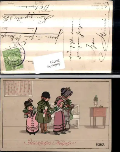 288732,Künstler AK Pauli Ebner Neujahr Kinder m. Hauben Geschenk Blumen pub Munk Vienne 607