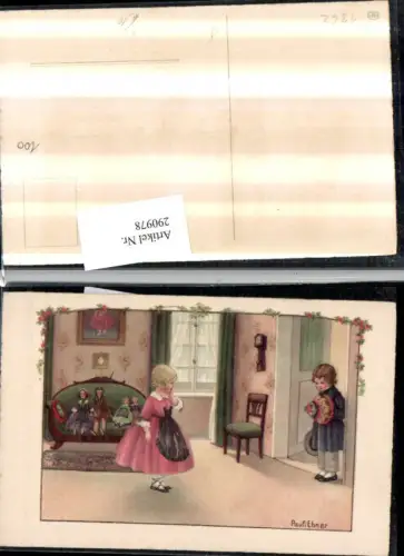 290978,Künstler AK Pauli Ebner Junge Bub m. Blumenstrauß Mädchen m. Kleid Puppen
