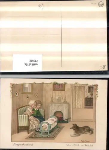 290980,Künstler AK Pauli Ebner Puppenhochzeit Glück im Winkel Kinder Wiege Hund Kamin pub August Rökl 1362