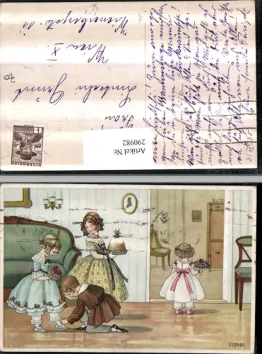 290982,Künstler AK Pauli Ebner Glückwunsch Kinder Kleider Kuchen Blumen pub M. Munk 1168