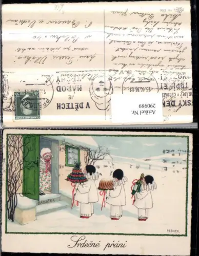 290989,Künstler AK Pauli Ebner Glückwunsch Kinder Harlekin Sekt Kuchen Blumen Mädchen Tür