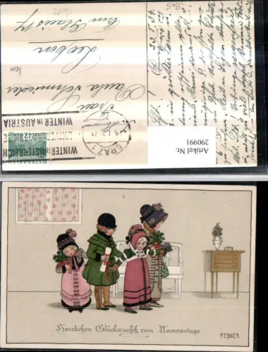 290991,Künstler AK Pauli Ebner Namenstag Kinder Hauben Geschenk Blumen pub August Rökl 1305