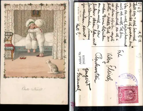 291018,Künstler AK Pauli Ebner Gute Nacht Kinder Wangenkuss Bett Katze pub Munk Wien 1158