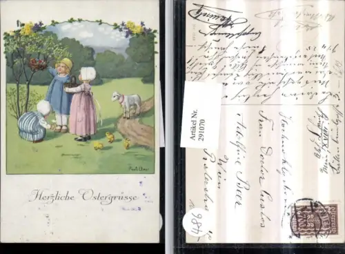 291070,Künstler AK Pauli Ebner Ostern Kinder Korb Nest Ostereier Lamm Küken pub M. Munk 1238