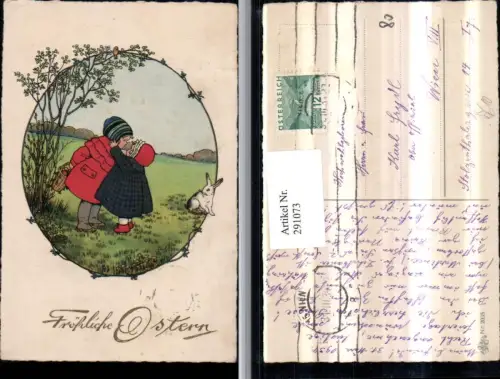 291073,Künstler AK Pauli Ebner Ostern Kinder Hauben Mäntel Hase Landschaft pub Erika 2035