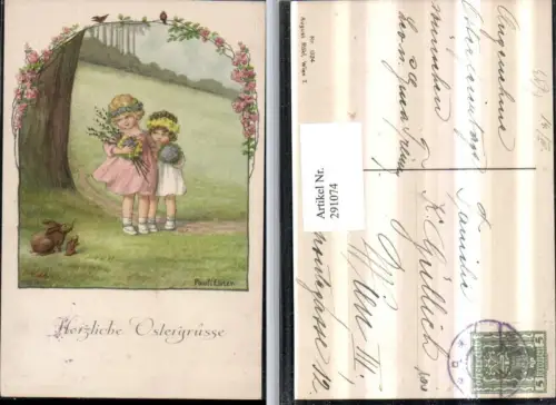 291074,Künstler AK Pauli Ebner Ostern Mädchen Blumen Palmkätzchen Hasen pub August Rökl 1324