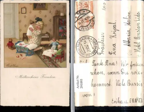 291093,Künstler AK Pauli Ebner Mütterchens Freuden Mädchen m. Puppen Wiege Teddy pub August Rökl 2460