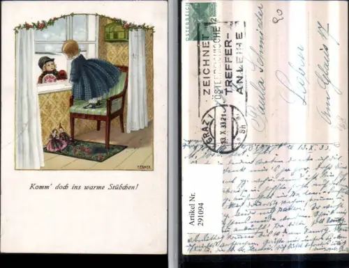 291094,Künstler AK Pauli Ebner Komm doch ins warme Stübchen Kinder Fenster Stuhl Puppen pub M. Munk 202
