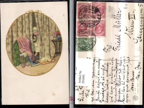 291095,Künstler AK Pauli Ebner Kind m. Nachtkleid Katze Vorhang Passepartout pub August Rökl 1428