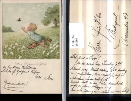 291101,Künstler AK Pauli Ebner Sommervöglein Kind Wiese Schmetterling Puppe pub August Rökl 1356