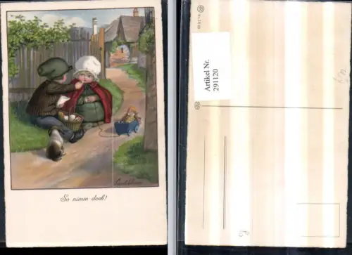 291120,Künstler AK Pauli Ebner So nimm doch Kinder Hauben Korb Ziehwagen Hund pub August Rökl 1448