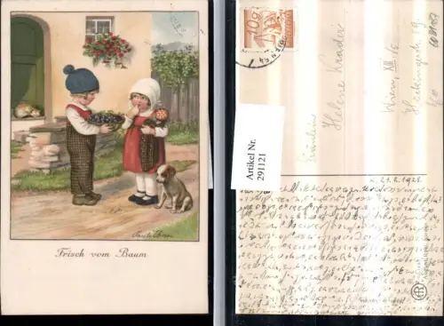 291121,Künstler AK Pauli Ebner Frisch vom Baum Kinder Korb Pflaumen Hund Puppe pub August Rökl 1448