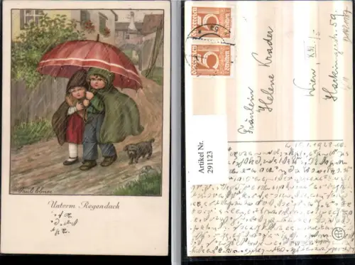 291123,Künstler AK Pauli Ebner Unterm Regendach Kinder Regenschirm Hund pub August Rökl 1448