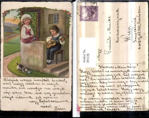 291128,Künstler AK Pauli Ebner Kinder Gitarre Katze Wolle pub August Rökl 2485