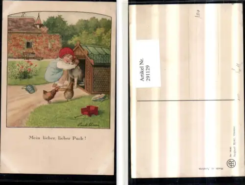 291129,Künstler AK Pauli Ebner Kind m. Haube umarmt Hund Hundehütte Hühner pub August Rökl 1447