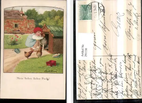 291130,Künstler AK Pauli Ebner Kind m. Haube umarmt Hund Hundehütte Hühner pub August Rökl 1447