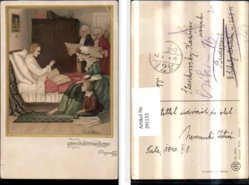 291133,Künstler AK Pauli Ebner Frau im Bett Männer b. Singen Requiem Mozart pub August Rökl 1433