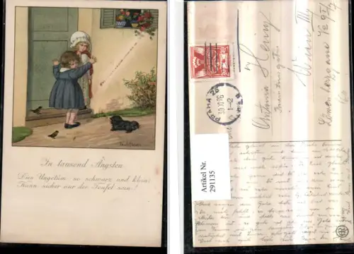 291135,Künstler AK Pauli Ebner In tausend Ängsten Kinder Hund Tür Spruch pub August Rökl 1321
